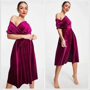 ASOS DESIGN Velvet Bare Shoulder Prom Midi Dress in Berry sz 6